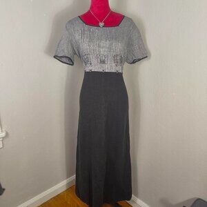 Black Gray 90s Vintage Whimsical Embroidered Detail Short Sleeve Maxi Dress 14